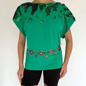 80s vintage green sequin embellished funky cotton short sleeved tee shirt large